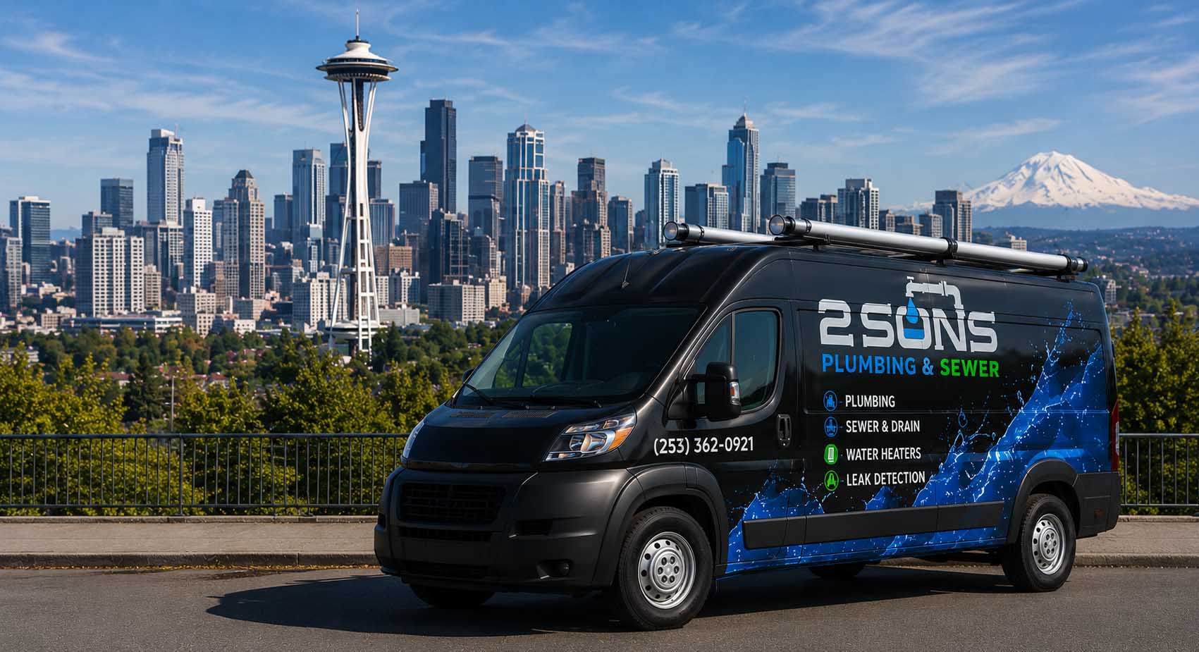 A 2 Sons Plumbing and Sewer van parked above the Seattle skyline with Mount Rainier behind it