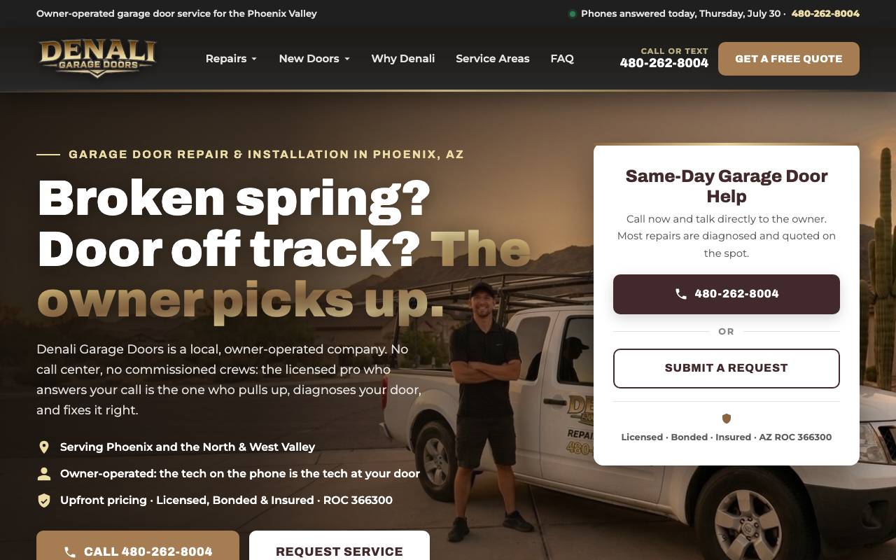 Denali Garage Doors homepage screenshot