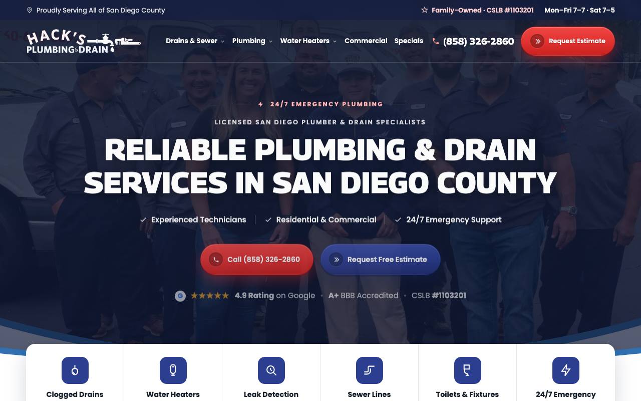Hack's Plumbing & Drain homepage screenshot