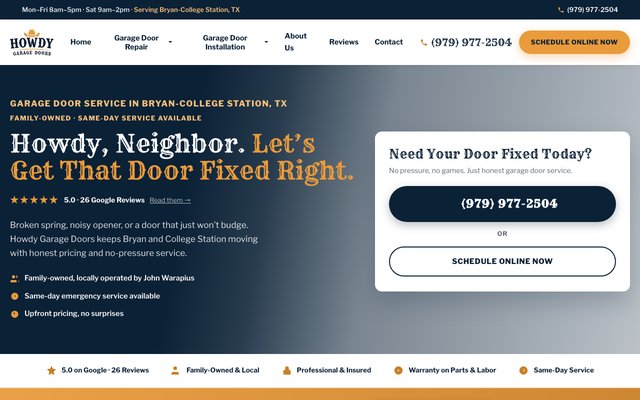 Howdy Garage Doors homepage screenshot