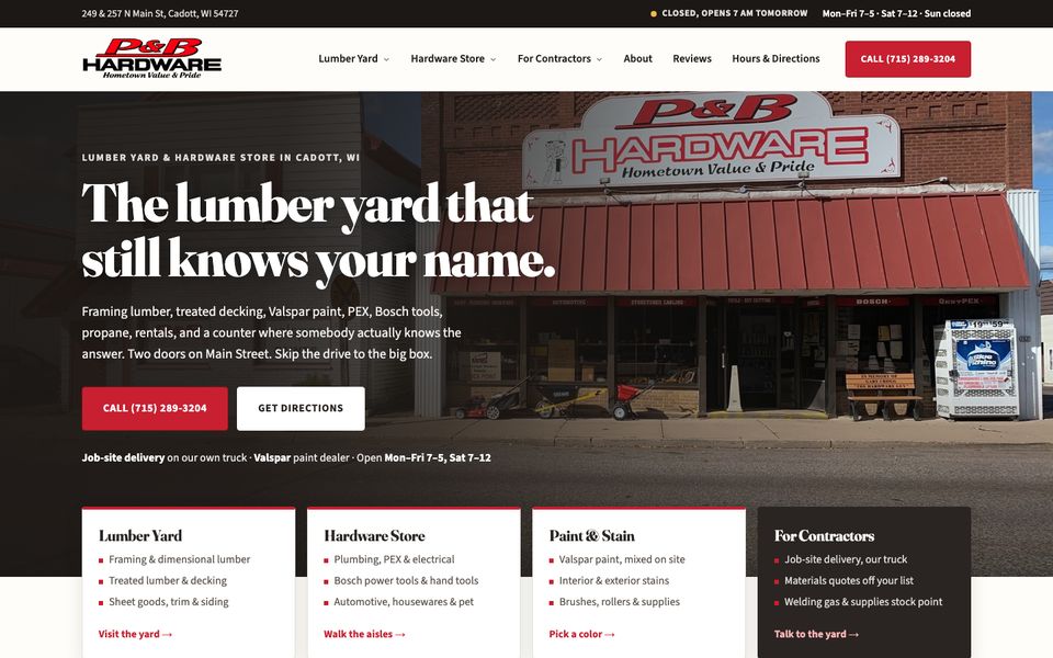 P&B Lumber & Hardware homepage screenshot