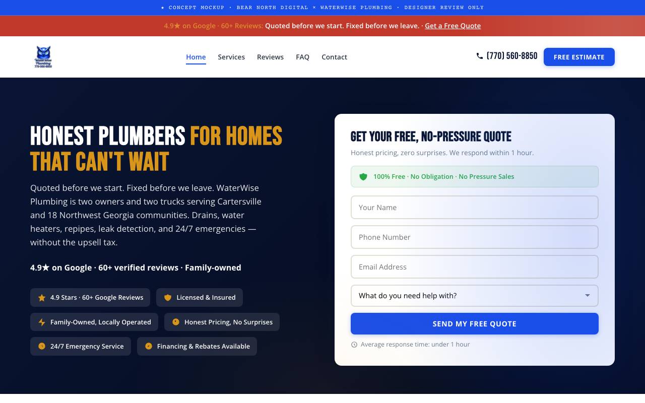 WaterWise Plumbing homepage screenshot