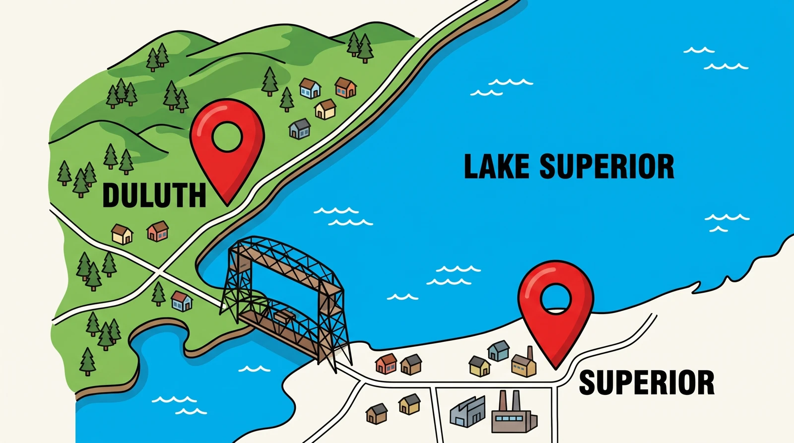 Illustrated map of the Twin Ports: Duluth, MN and Superior, WI on Lake Superior