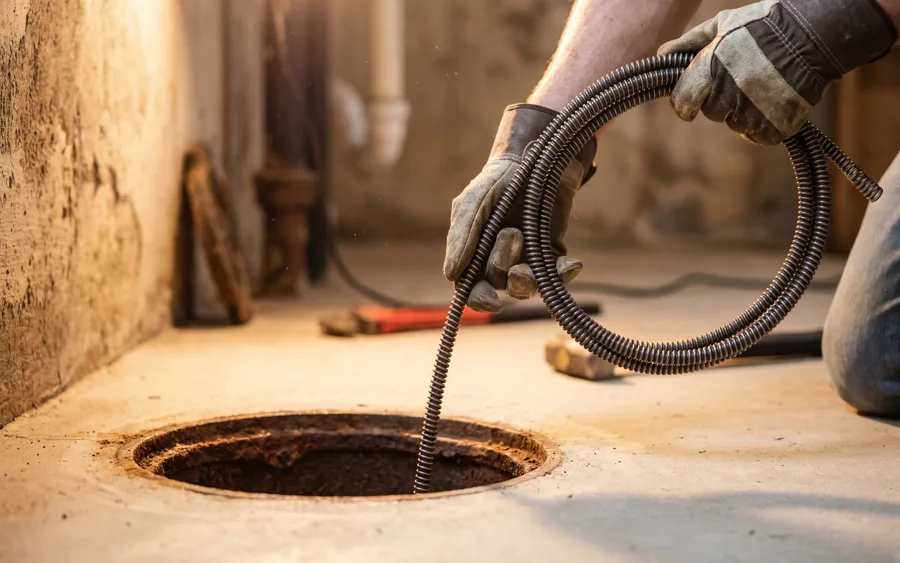Drain auger cable going into a basement floor drain