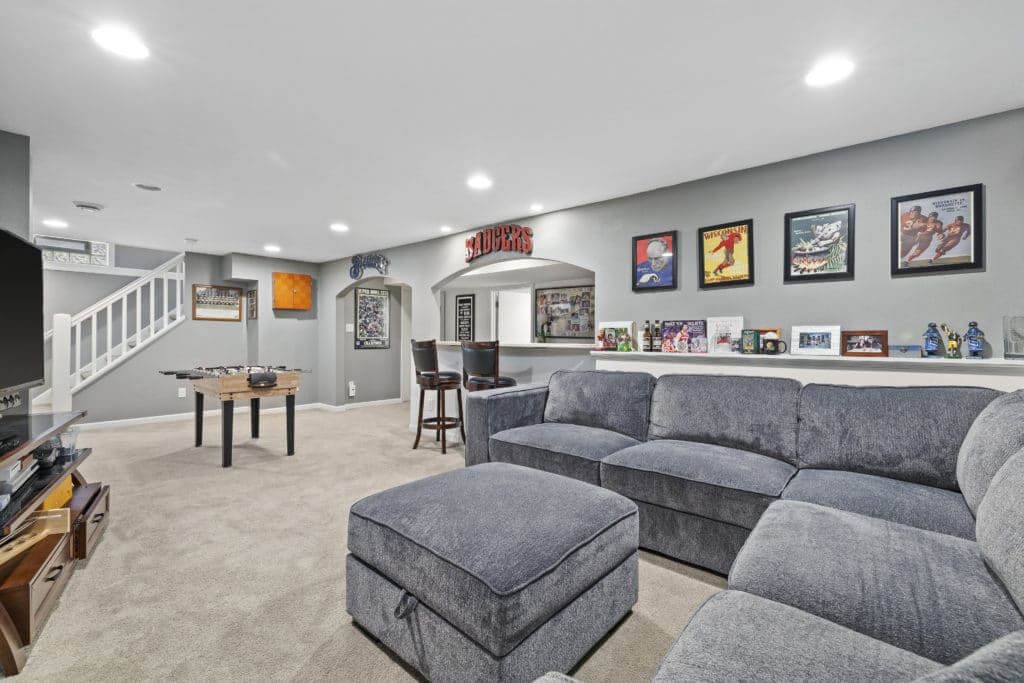 Finished basement family room with sectional