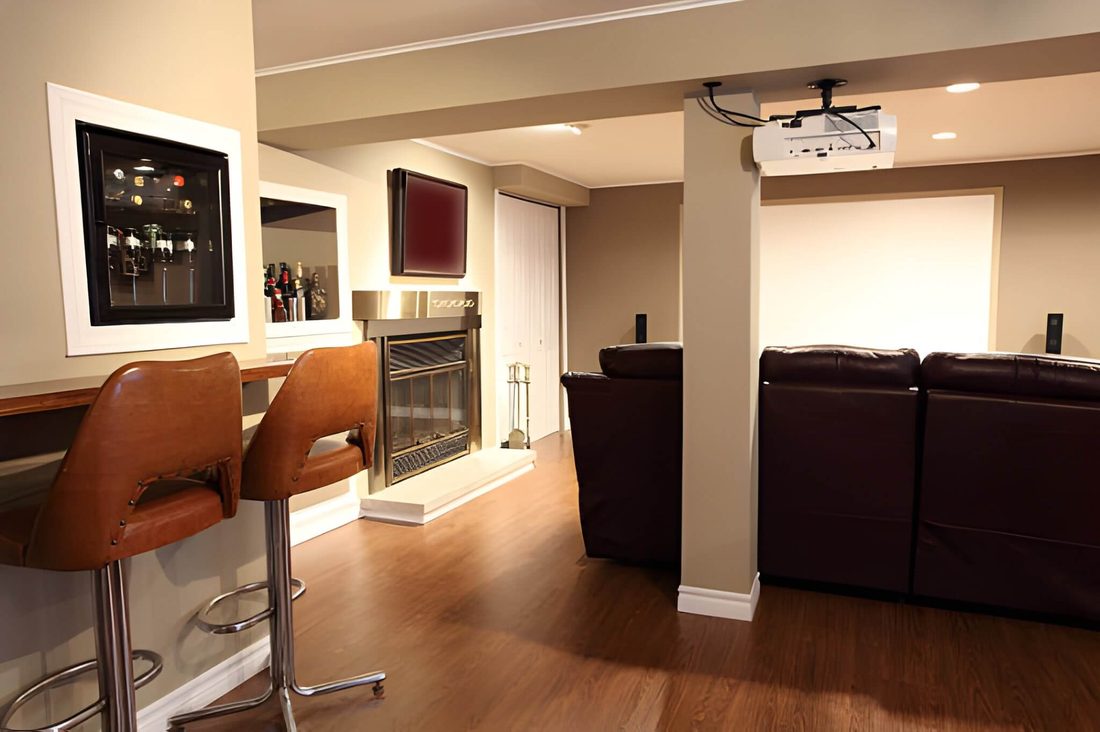 Basement media space with bar seating