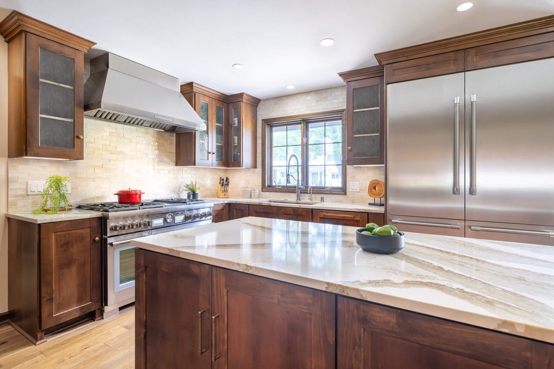 Walnut kitchen with quartz island