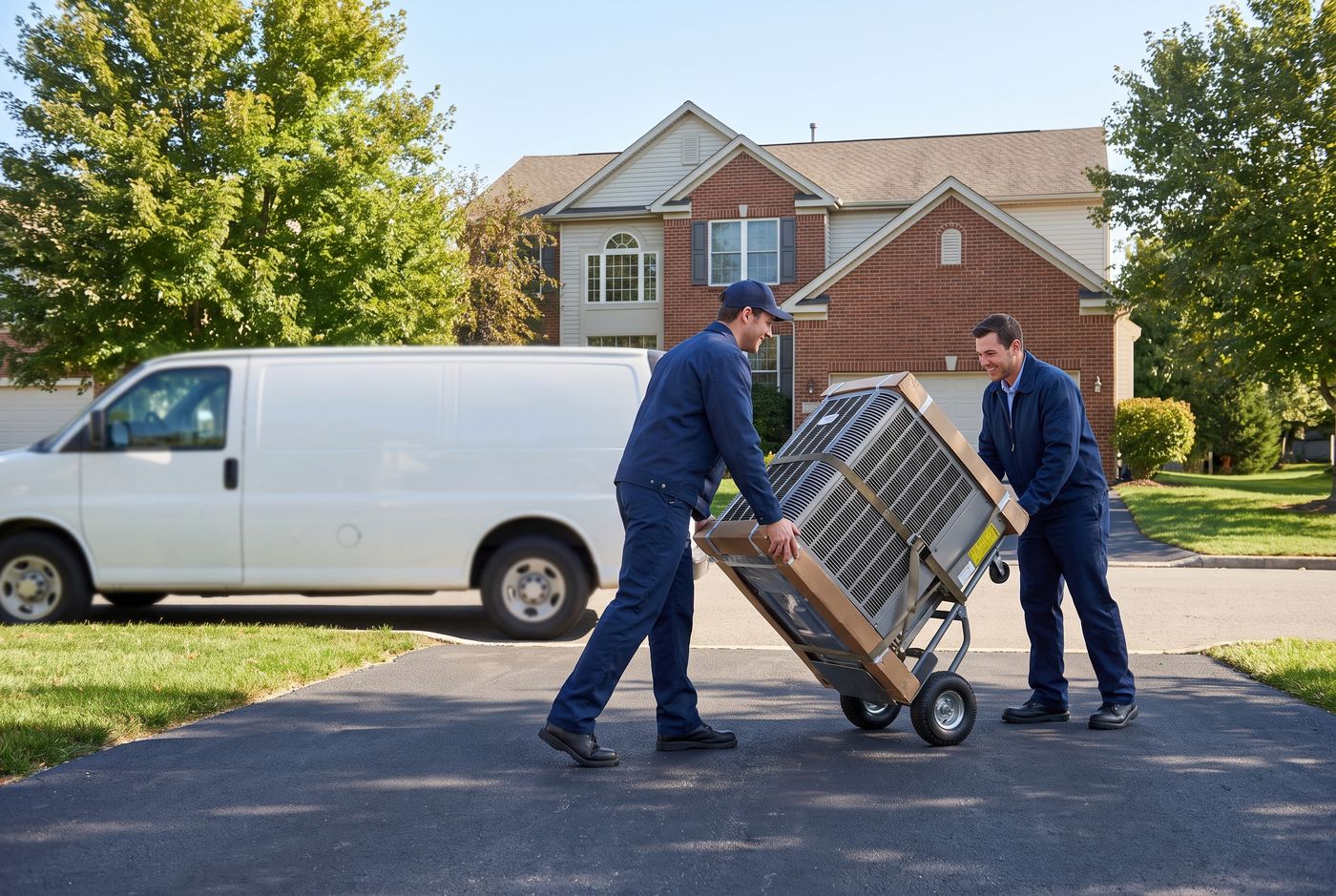 Installers carrying a new high-efficiency heat pump to a Delaware home