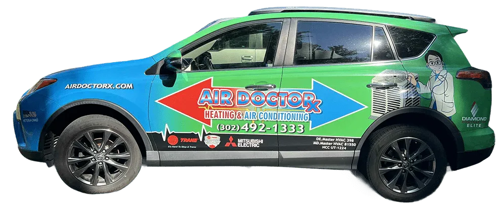 The wrapped Air Doctorx service vehicle with the phone number and license numbers on the side