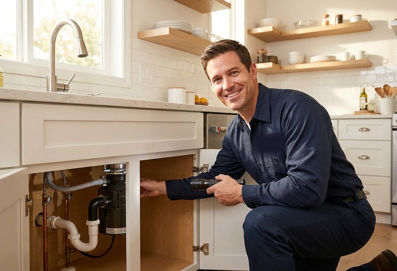 AX Plumbing technician servicing a kitchen sink in a home