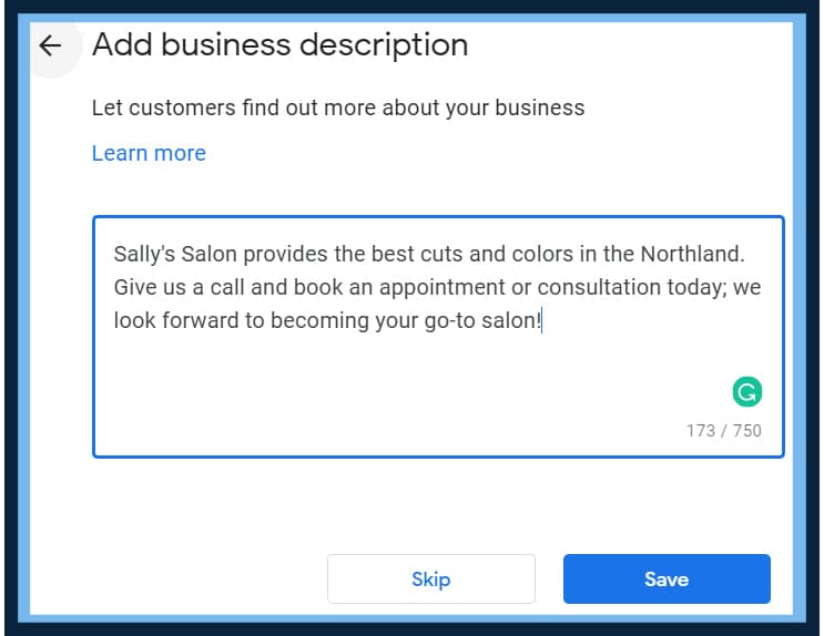 Google Business Profile business description field with a short salon description typed in and a character counter