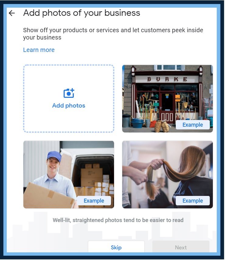 Google Business Profile photo upload screen showing the guidance that well lit, straight on photos perform better