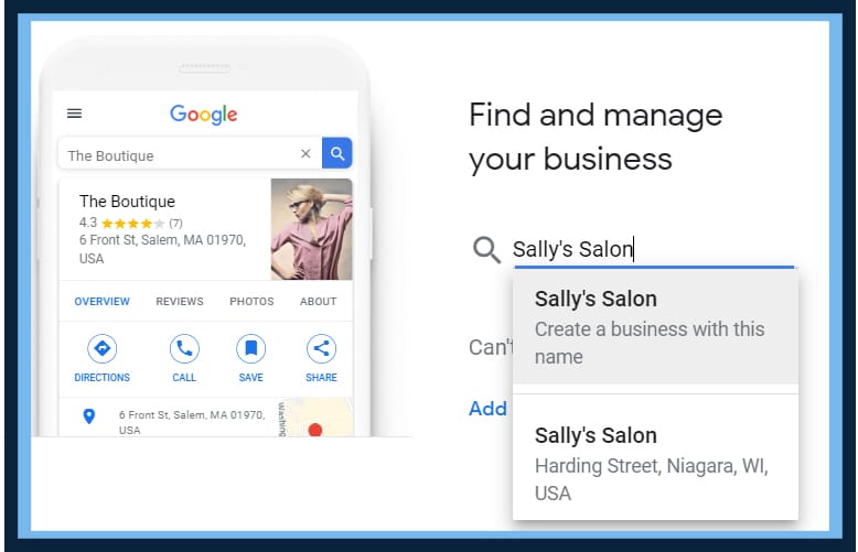 Google Business Profile setup, searching for an existing business by name with the option to create one instead