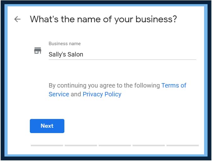 Google Business Profile setup asking for the business name, with a salon name typed into the field