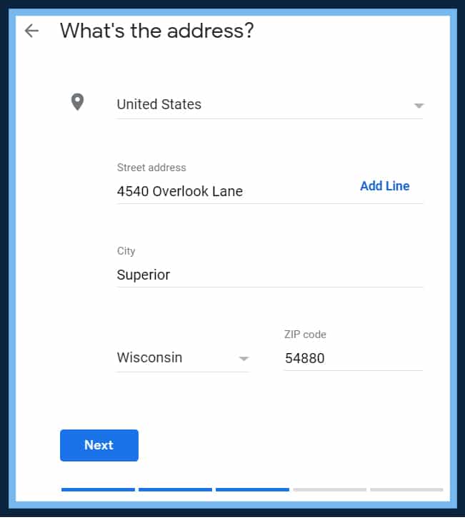 Google Business Profile setup asking for the street address, filled in for a Superior, Wisconsin location