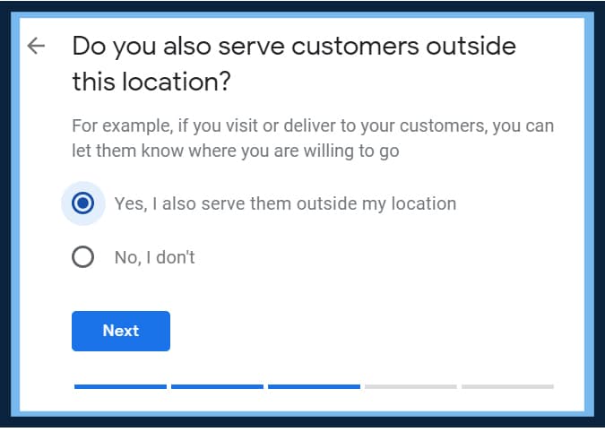 Google Business Profile setup asking whether the business also serves customers outside its location, with yes selected