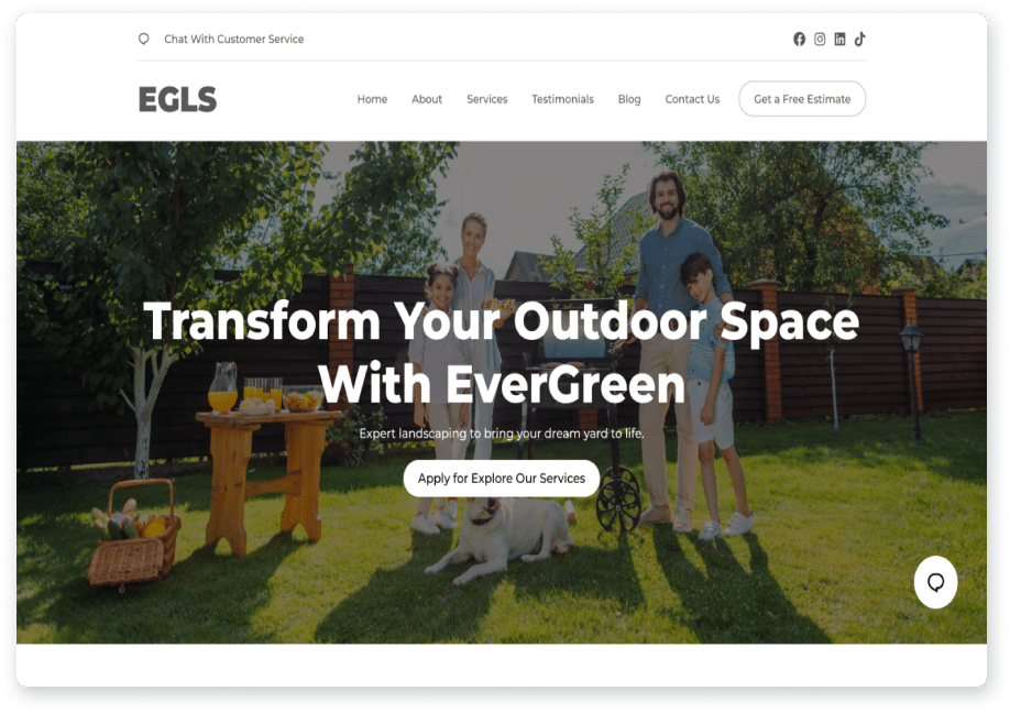 Full homepage hero with the site navigation above a headline and a call to action button