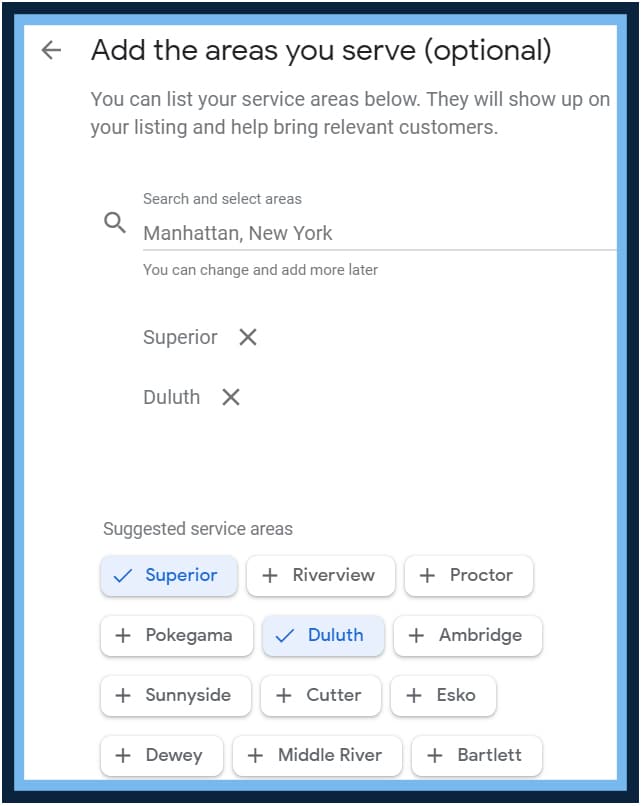 Google Business Profile setup listing service areas, with Superior and Duluth added and nearby towns suggested