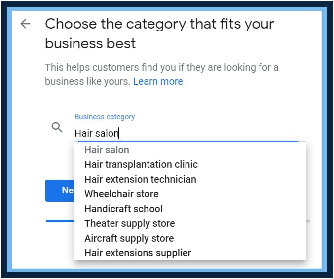 Google Business Profile setup choosing a business category, with a dropdown of hair salon related categories
