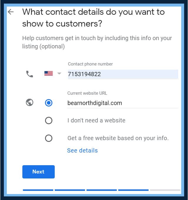 Google Business Profile setup asking which contact details to show, with a phone number and website filled in