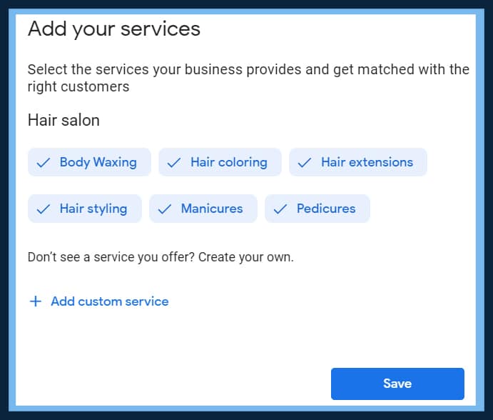 Google Business Profile services screen, with hair salon services selected as tick chips