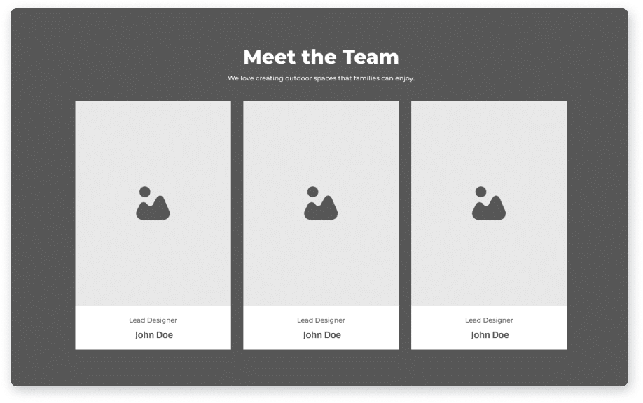 Wireframe of a Meet the Team section, three portrait placeholders with names and job titles beneath