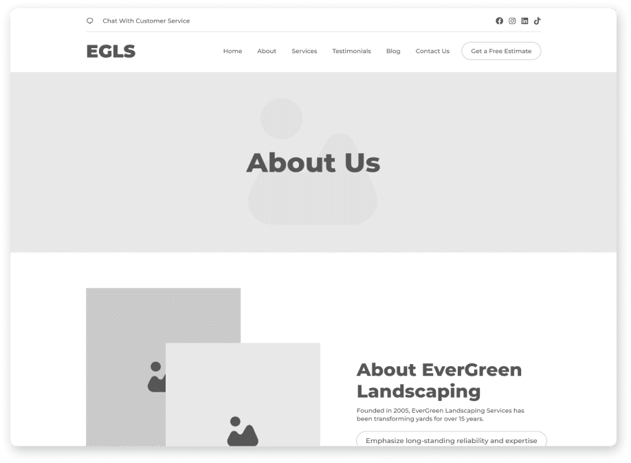 Wireframe of an About Us page: heading, body copy and grey placeholder blocks where photos will sit