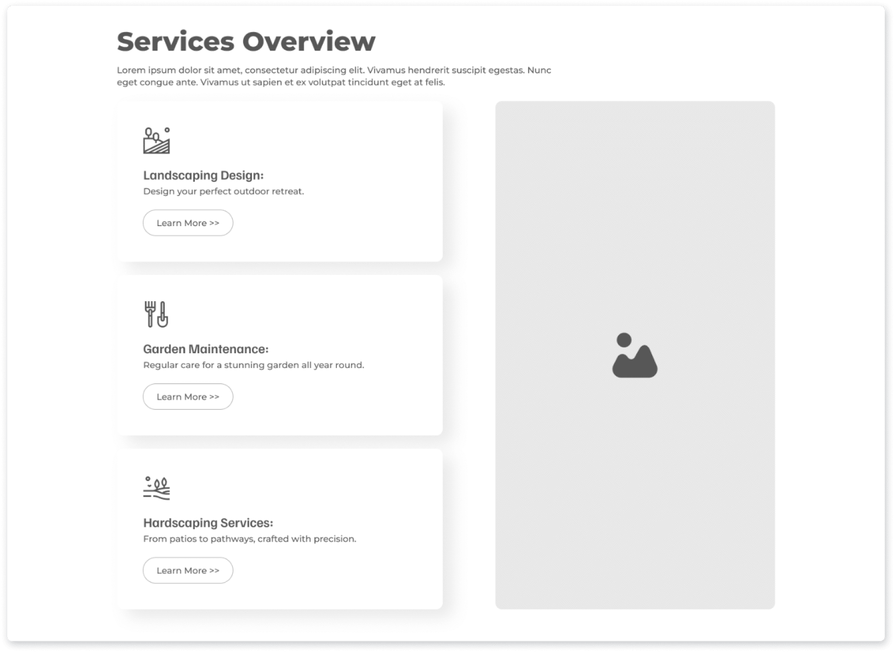 Wireframe of a services overview: a stacked list of services with Learn more links beside a large image placeholder