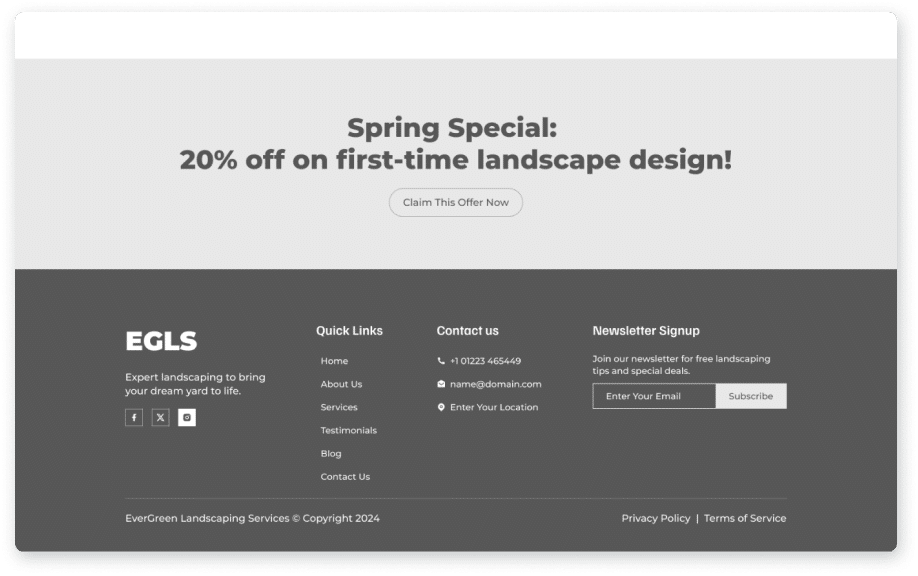 Wireframe of a promotional band offering a spring discount, sitting directly above the site footer