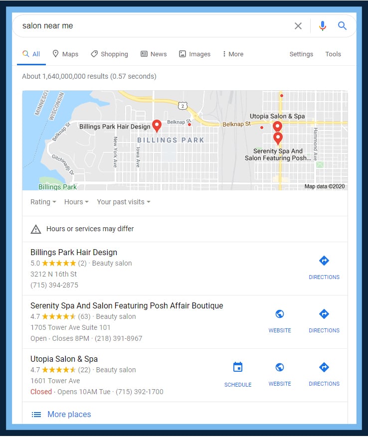 Google results for a salon near me search, showing the map with pins and the three local business listings beneath it