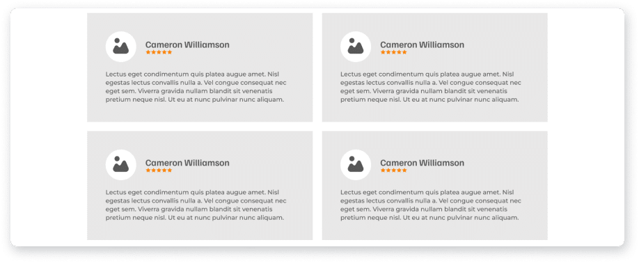 Wireframe of a testimonials grid, four review cards each with a five star rating and a short quote