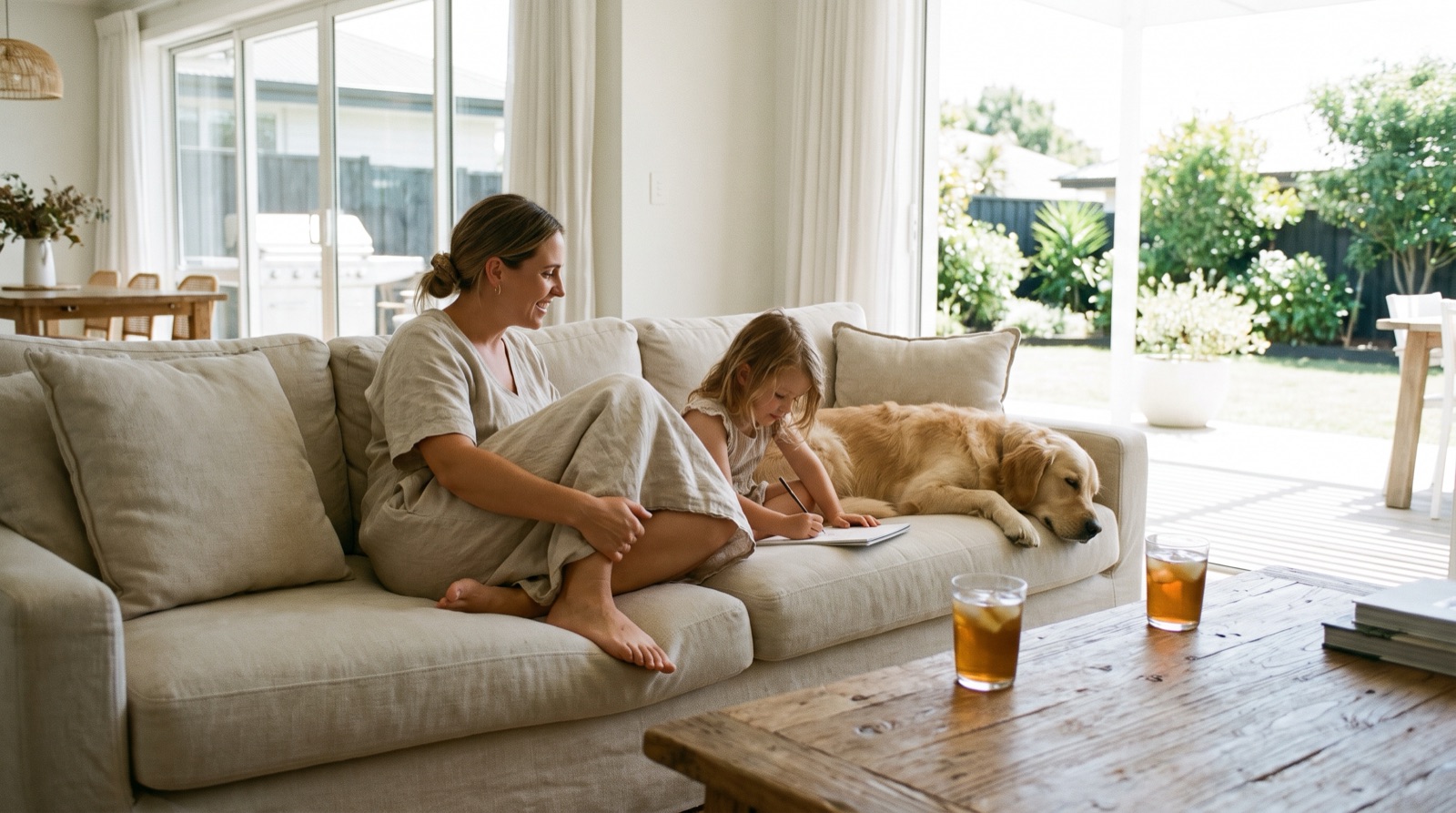 Mother and daughter relaxing with their dog in a cool, comfortable living room on a hot summer day