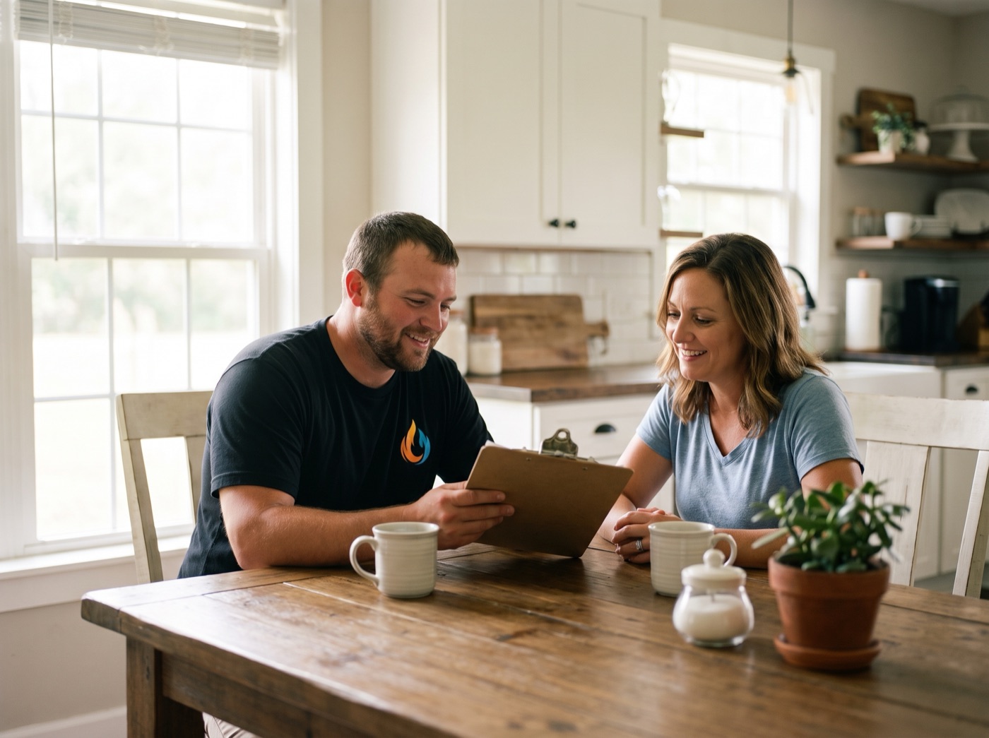 Breeze technician walking a homeowner through an upfront estimate at her kitchen table