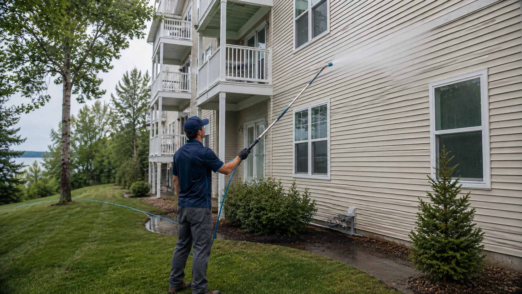 Technician applying a gentle exterior wash to a low-rise apartment building
