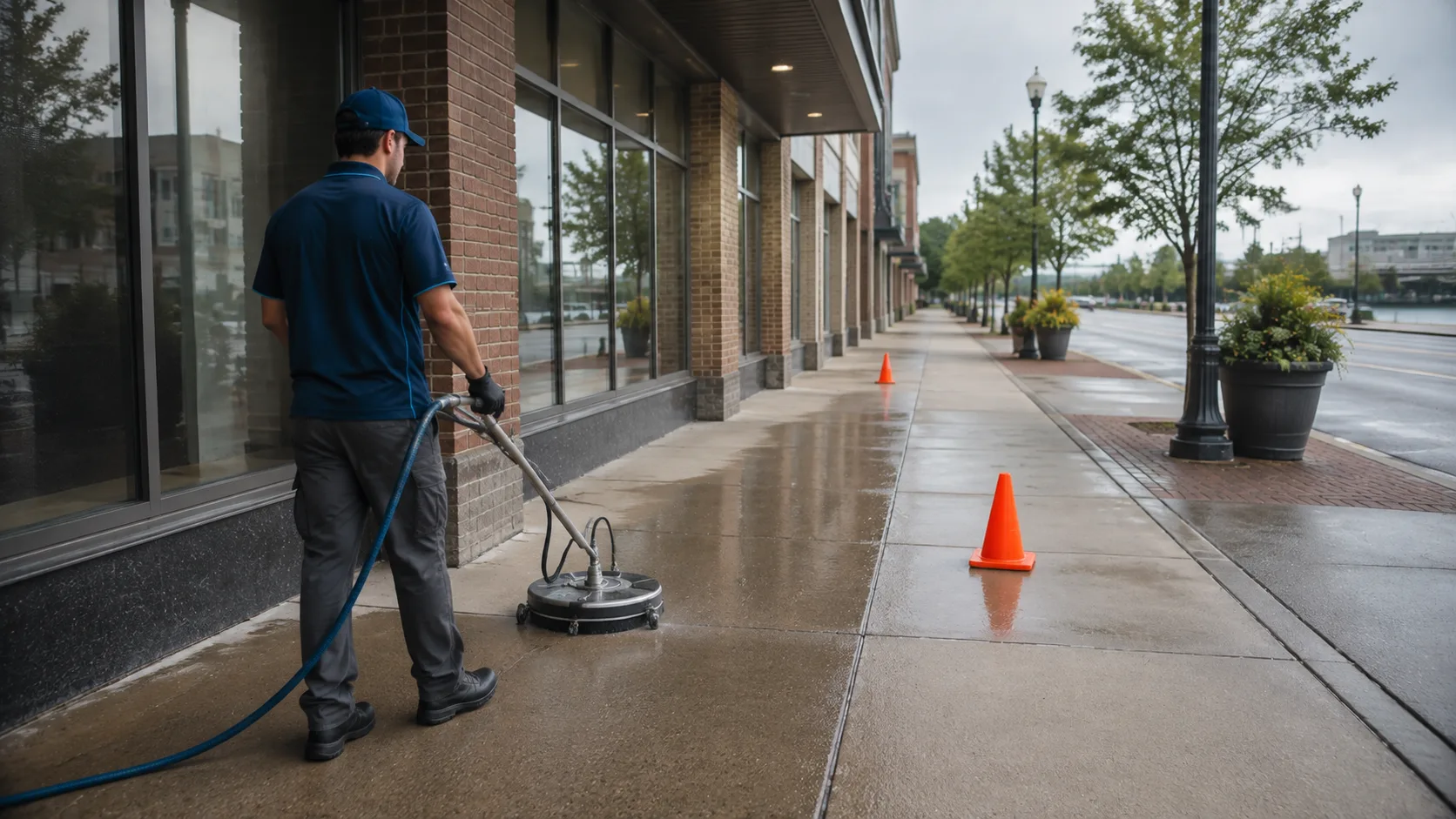 Technician surface cleaning the sidewalk outside a neighborhood storefront
