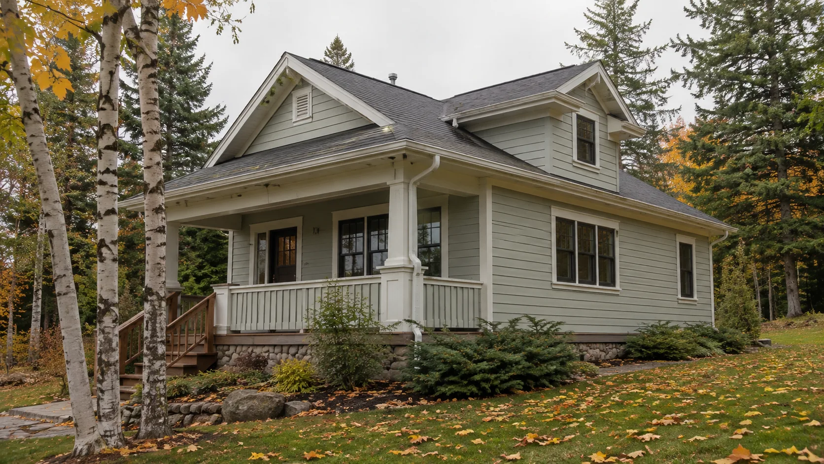 Craftsman home with clean gutters in an autumn Northland setting