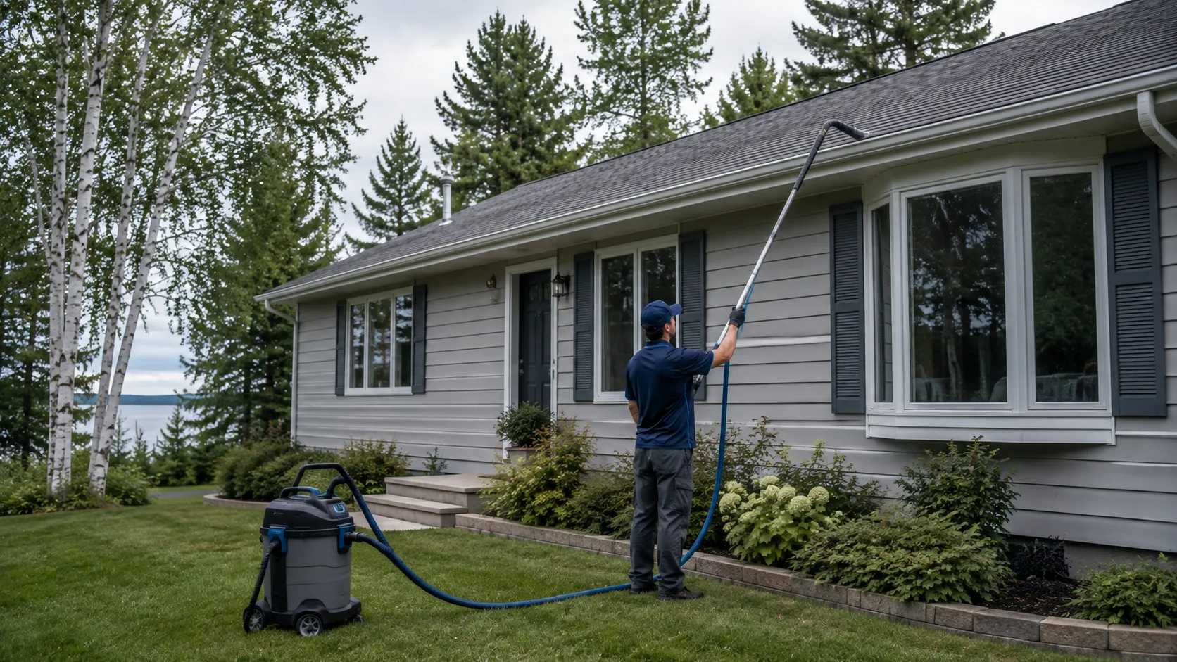 Technician using a ground-based gutter vacuum on a one-story home
