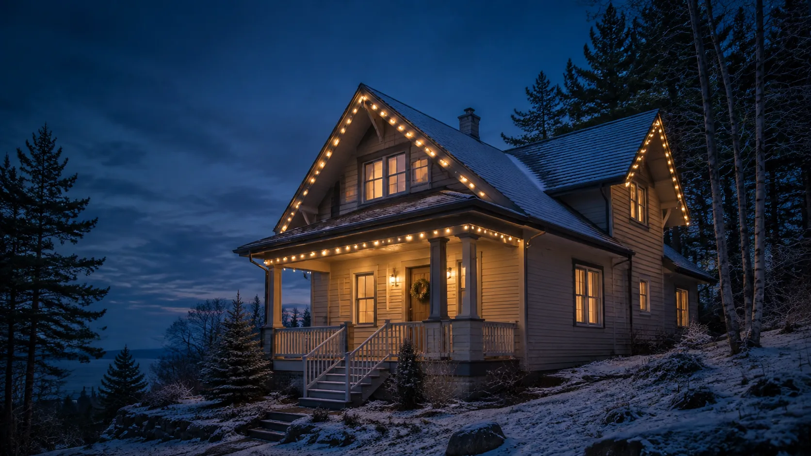 Duluth-style Craftsman home with professionally installed warm white holiday lights