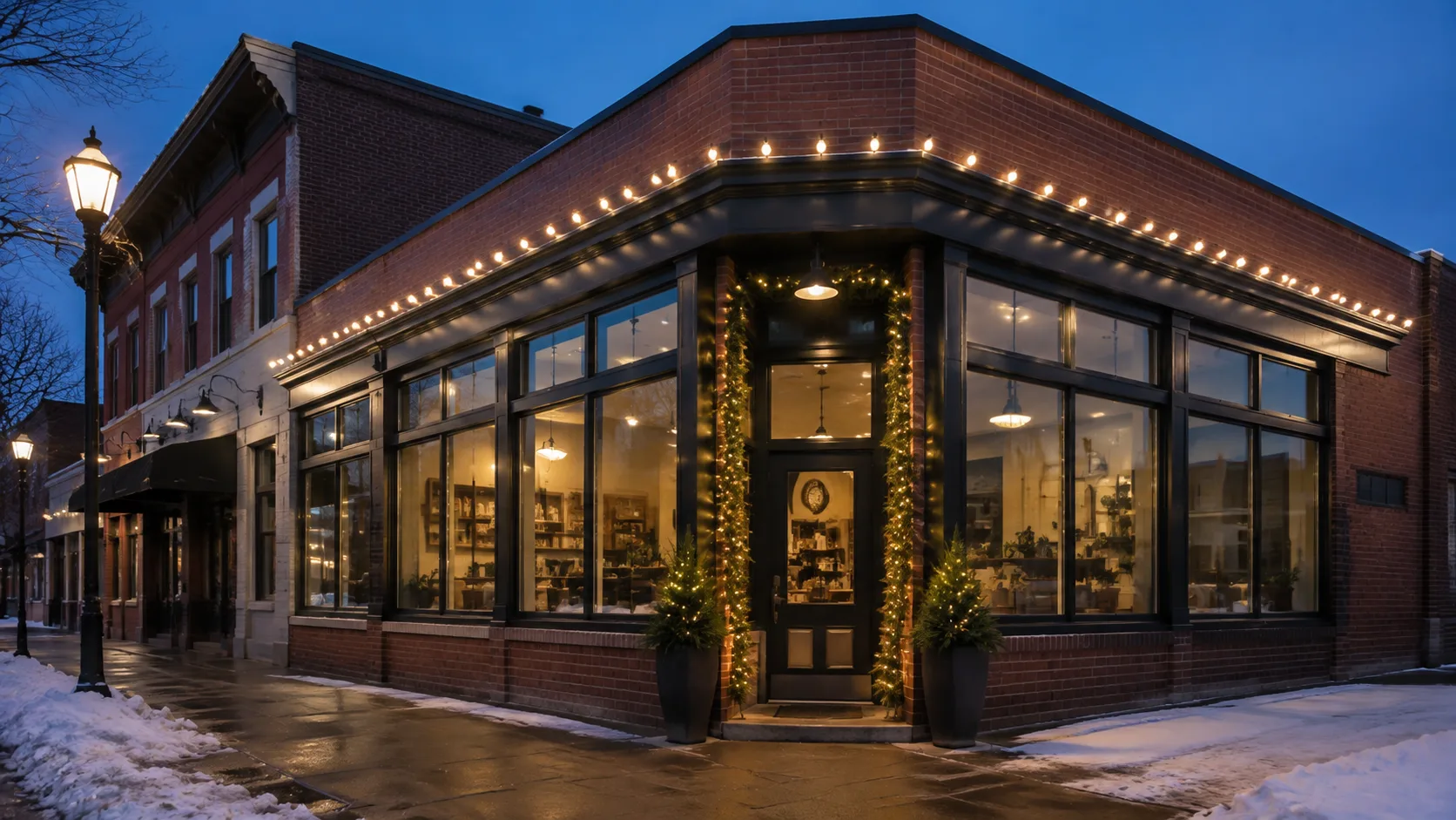 Brick storefront decorated with even warm white roofline lights and garland