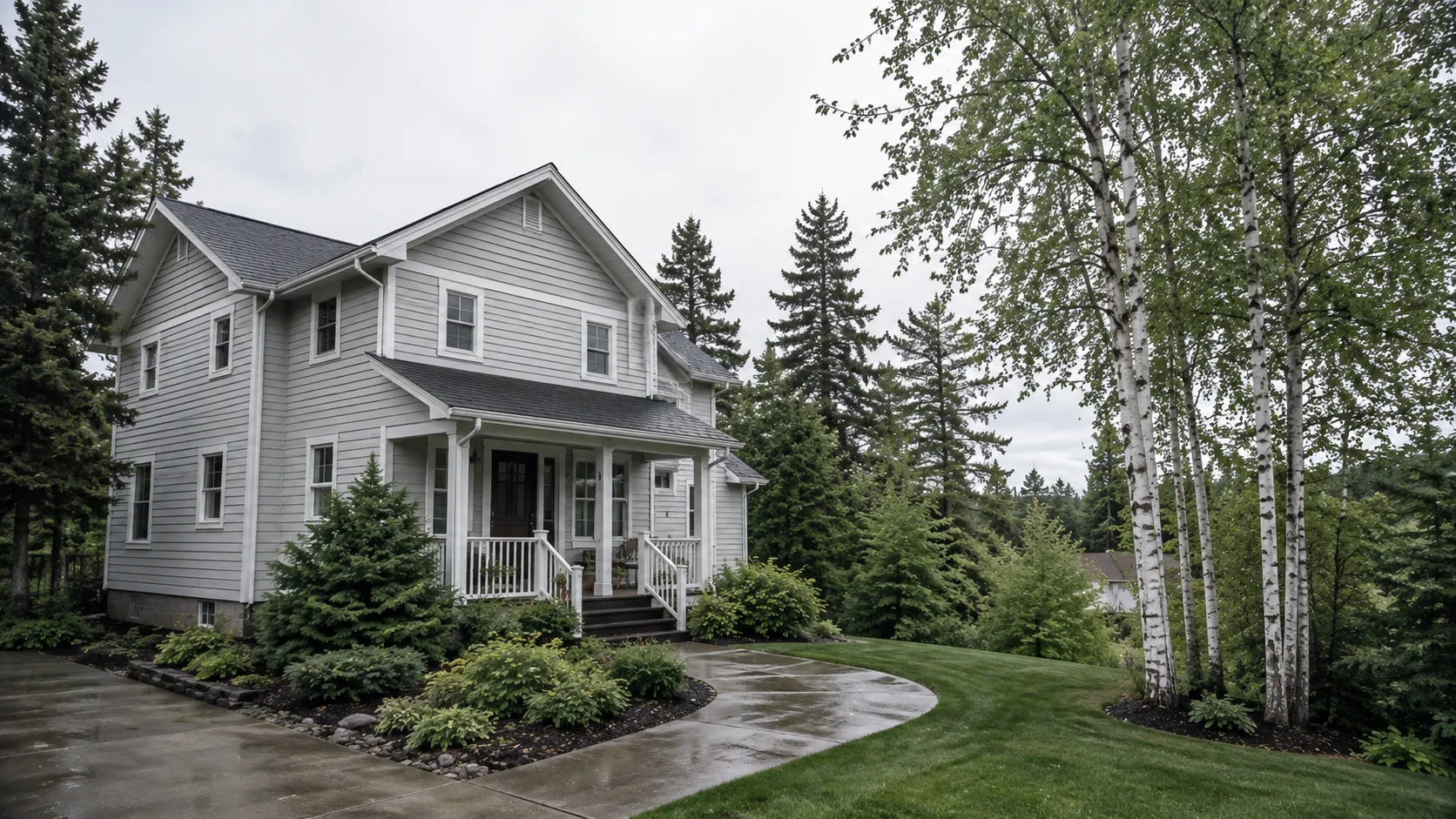 Clean gray Craftsman home framed by birch and pine trees