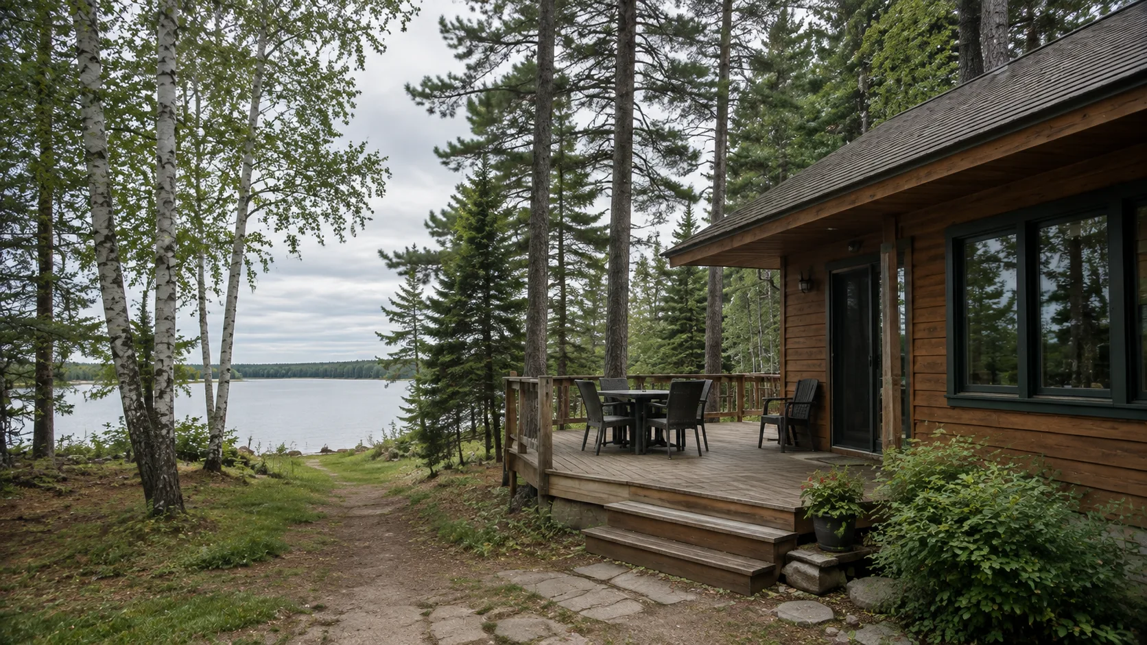 Cedar lake cabin among birch and pine trees in the Hayward area