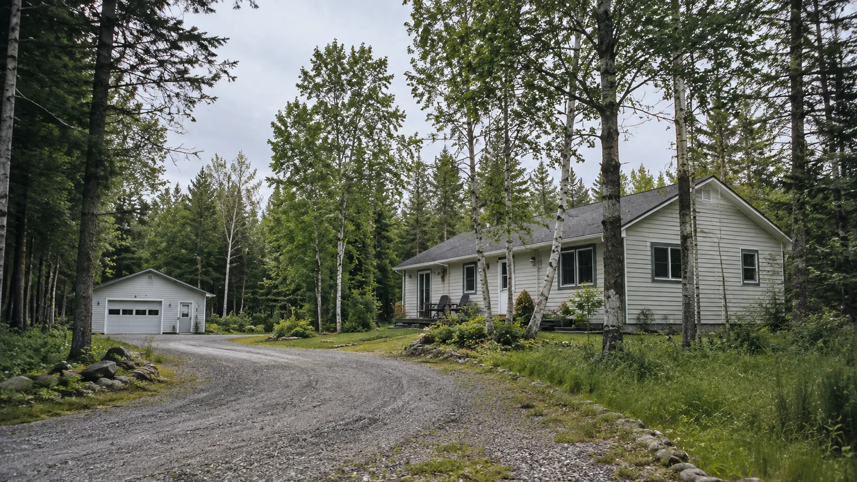 Rural Northland home and outbuilding along a wooded gravel drive
