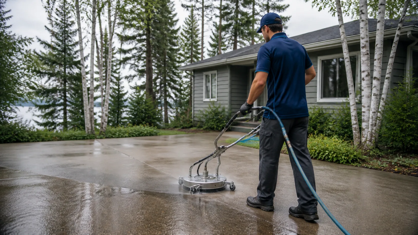 Technician cleaning a concrete driveway with a professional surface cleaner