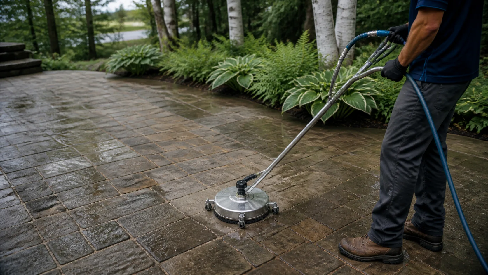 Professional surface cleaner washing a paver patio among birch trees