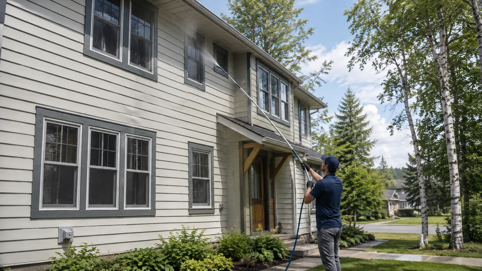 Technician gently cleaning the painted siding of a Craftsman home