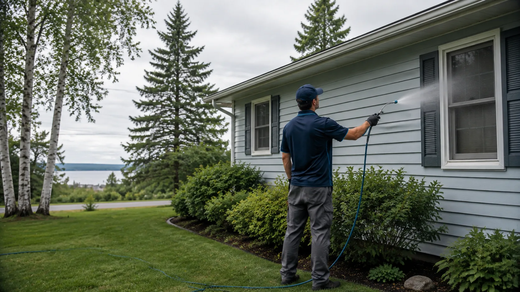 Technician applying a gentle soft-wash treatment to vinyl siding