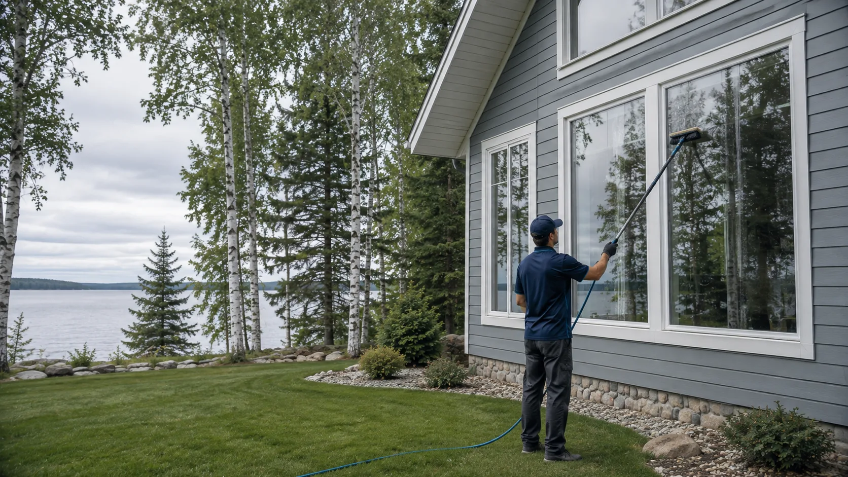 Technician cleaning large cabin windows from the lawn beside a northern lake