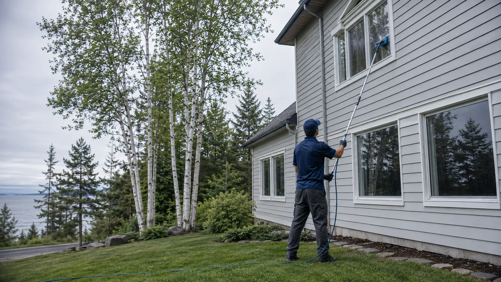 Technician safely cleaning second-story windows from the ground with a water-fed pole