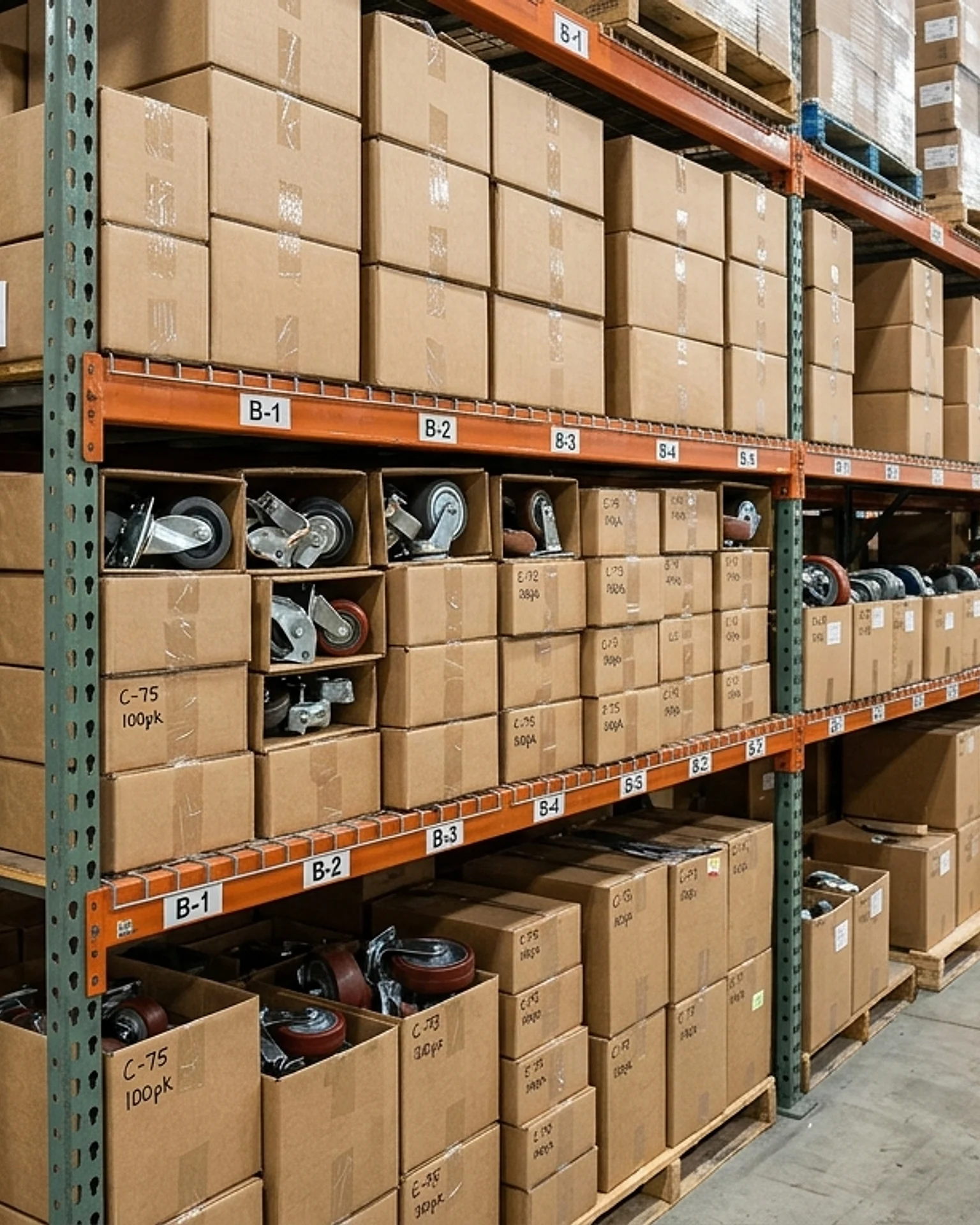 QuickShip caster stock on warehouse shelving