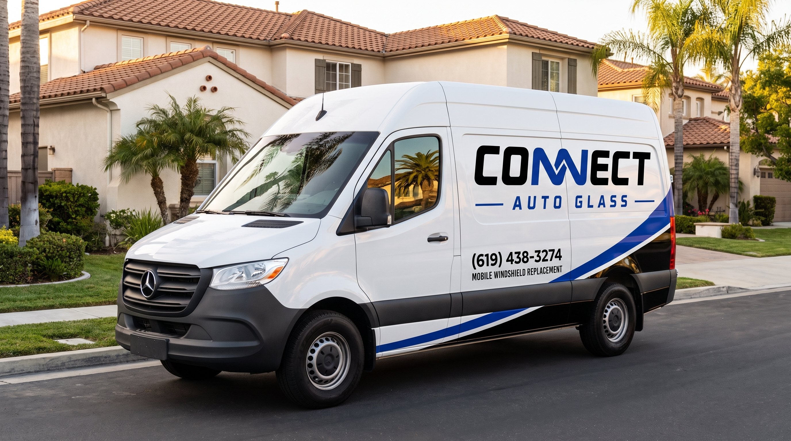 Connect Auto Glass mobile service van in a San Diego driveway